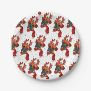 Cute Boxer Dog with Reindeer Antlers Christmas Paper Plate