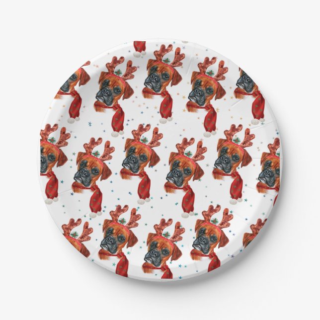 Cute Boxer Dog with Reindeer Antlers Christmas Paper Plate (Front)