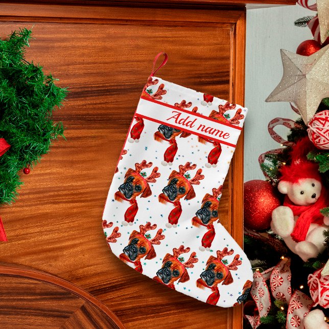 Cute Boxer Dog with Reindeer Antlers Christmas Small Christmas Stocking (Creator Uploaded)