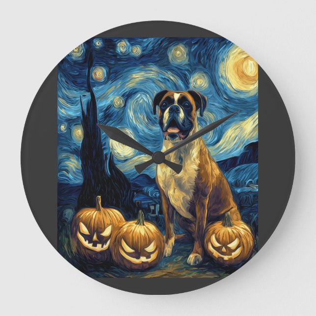 Cute Boxer Halloween Jack O Lantern Pumpkin Face S Large Clock (Front)