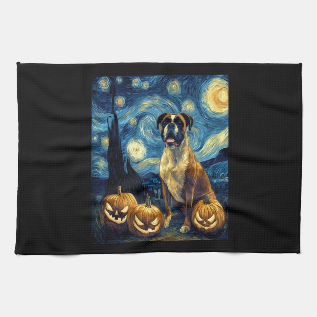 Cute Boxer Halloween Jack O Lantern Pumpkin Face S Tea Towel (Horizontal)