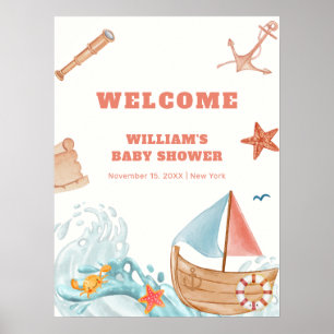 Cute Boy Adventure Sailboat Baby Shower Welcome  Poster
