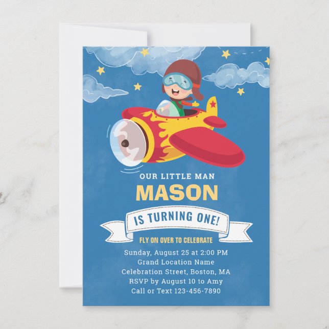 Cute Boy Aeroplane 1st Birthday Party Invitation (Front)