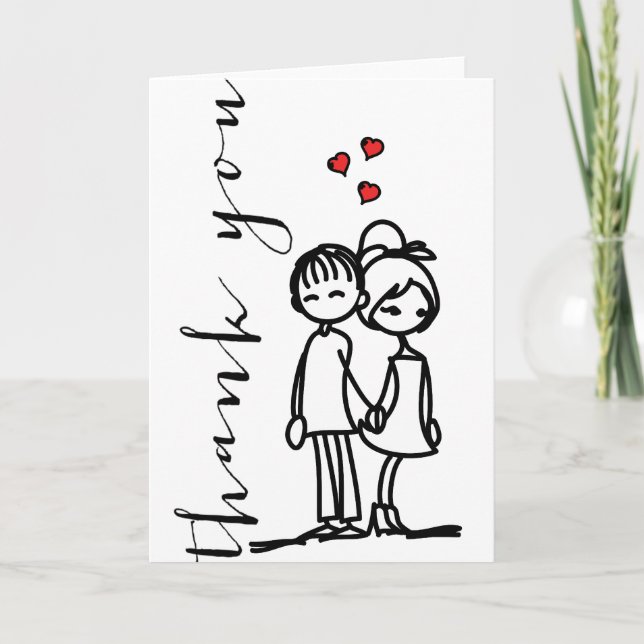 Cute Boy and Girl In Love Doodles Wedding Thank You Card (Front)