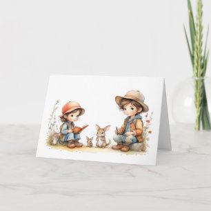 Cute Boy and Girl Reading Book Together Greeting Card