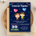 Cute Boy and Girl Twin Birthday Party Invitation<br><div class="desc">Amaze your guests with this twin birthday party invite featuring a cute boy and girl holding balloons with modern typography against a blue background. Simply add your event details on this easy-to-use template to make it a one-of-a-kind invitation. Flip the card over to reveal a colourful stripes pattern on the...</div>