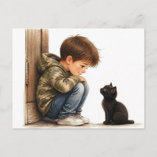 Cute Boy and Little Black Kitten Postcard