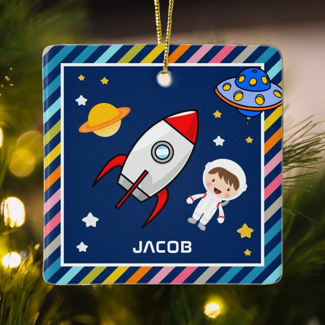 Cute Boy Astronaut Outer Space Rocket Kids Room Ceramic Ornament (Creator Uploaded)