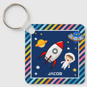 Cute Boy Astronaut Outer Space Rocket Kids Room Key Ring
