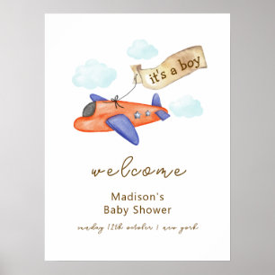 Cute Boy Aviator Airplane Baby Shower Welcome Poster