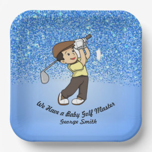Cute Boy Baby Blue Personalisable Golf Master Paper Plate