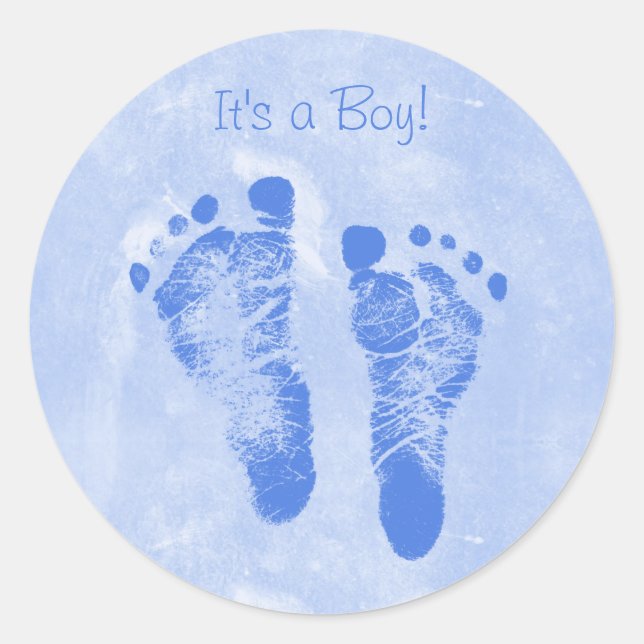 Cute Boy Baby Footprints New Baby Annoucements Classic Round Sticker (Front)