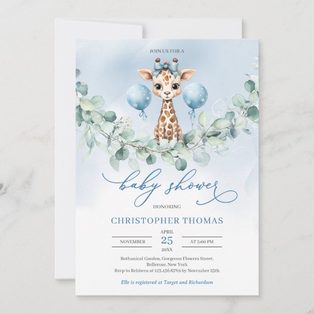 Cute boy baby giraffe eucalyptus baby shower invitation (Front)