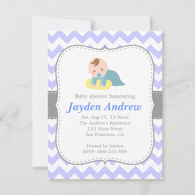 Cute Boy Baby Shower, Blue and White Chevron Invitation (Front)