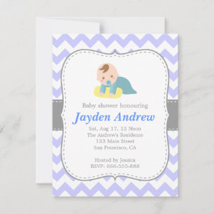 Cute Boy Baby Shower, Blue and White Chevron Invitation