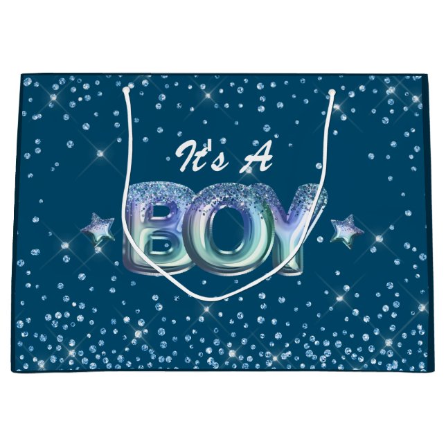 Cute boy baby shower blue glitter star gradient large gift bag (Front)