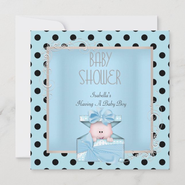 Cute Boy Baby Shower Blue White Black Invitation (Front)