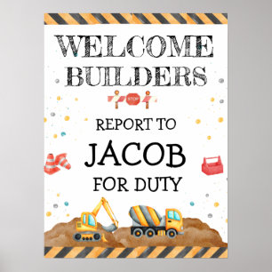 Cute Boy Birthday Construction Vehicles Party Poster