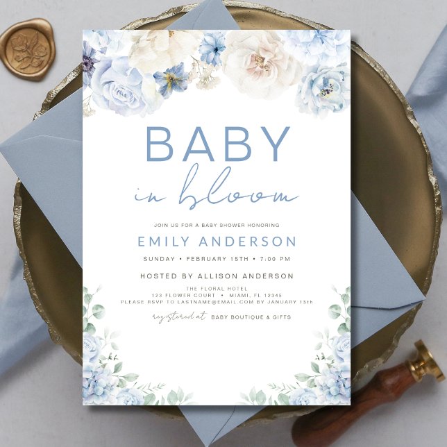 Cute Boy Blue Baby in Bloom Baby Shower  Invitation (Creator Uploaded)