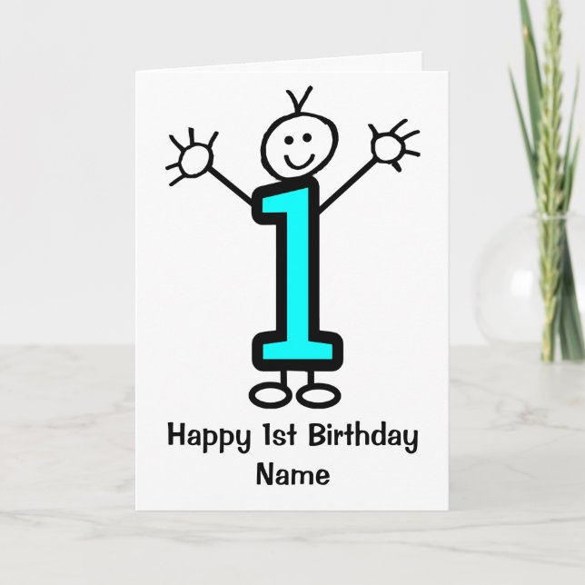 Cute Boy Blue Funny Cartoon 1st Birthday Card (Front)