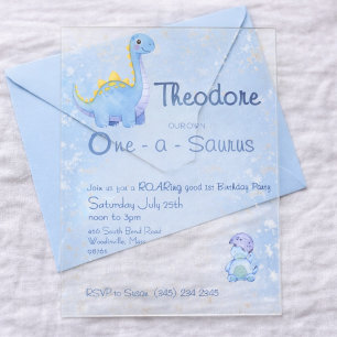 Cute Boy Blue Watercolor One-a-Saurus 1st Birthday Acrylic Invitations