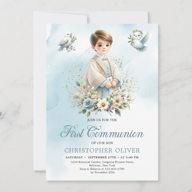 Cute boy blue white flowers doves First Communion Invitation (Front)