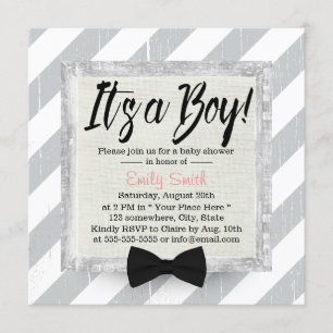 Cute Boy Bow Tie Light Grey Stripes Baby Shower Invitation