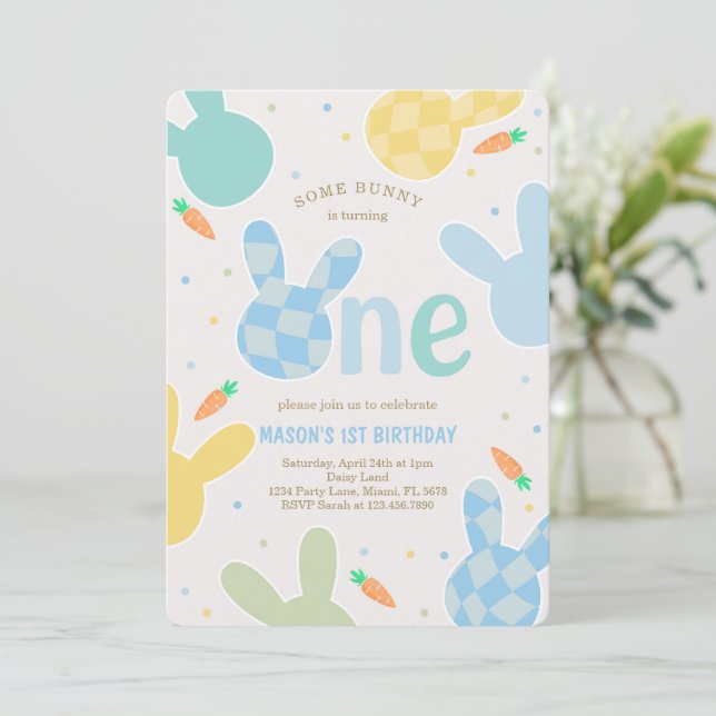 Cute Boy Bunny 1st Birthday Invitation (Standing Front)