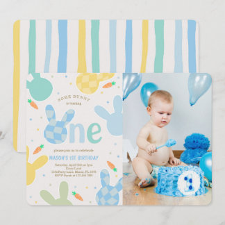 Cute Boy Bunny 1st Birthday Photo Invitation
