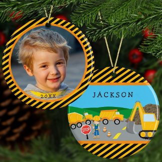 Cute Boy Construction Vehicle Kids Photo Christmas Ceramic Tree Decoration