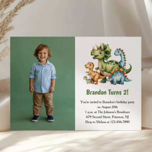 Cute Boy Dinosaur Photo Kids 2nd Birthday Party Invitation