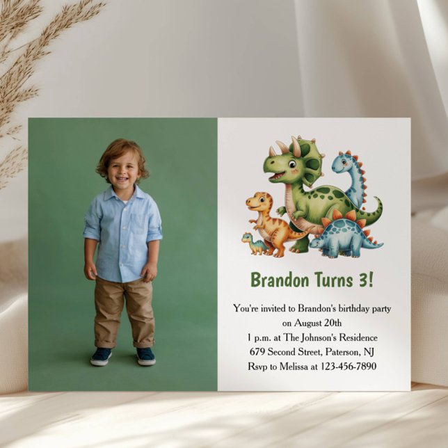 Cute Boy Dinosaur Photo Kids 3rd Birthday Party Invitation (Creator Uploaded)