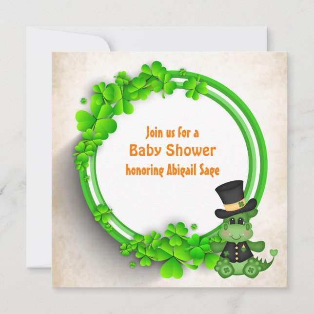 Cute Boy Dragon and Clovers Irish Baby Shower Invitation (Front)