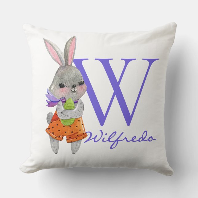 Cute Boy Easter Bunny Initial & Name Throw Pillow (Front)