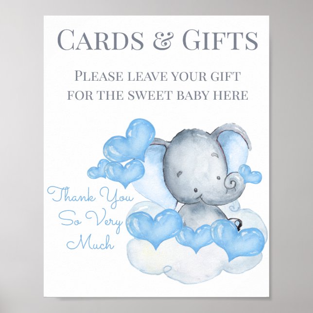 Cute Boy Elephant Baby Shower Gift Table Sign (Front)