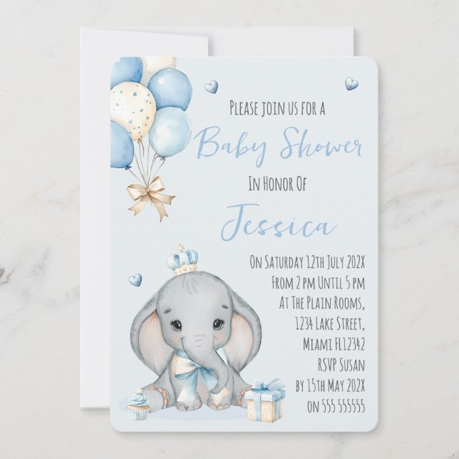 Cute Boy Elephant Prince Baby Shower Invitation (Front)
