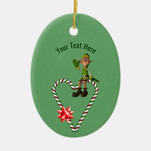 Cute Boy Elf Candy Cane Holiday Personalised Ceramic Tree Decoration