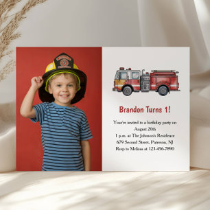 Cute Boy Firefighter Photo Kids 1st Birthday Party Invitation