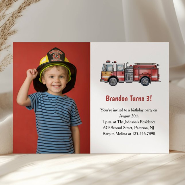 Cute Boy Firefighter Photo Kids 3rd Birthday Party Invitation (Creator Uploaded)