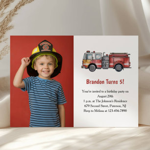 Cute Boy Firefighter Photo Kids 5th Birthday Party Invitation