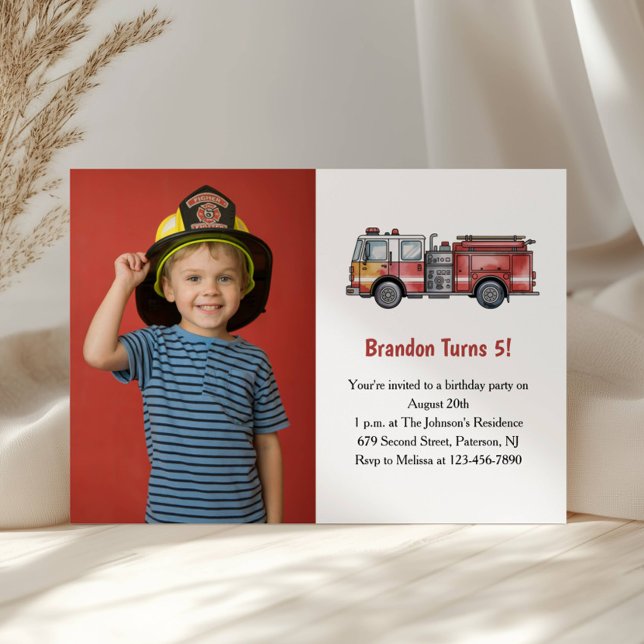 Cute Boy Firefighter Photo Kids Birthday Party Invitation (Creator Uploaded)