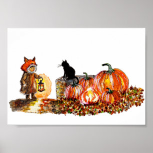 Cute Boy Fox Costume Halloween Watercolor Poster