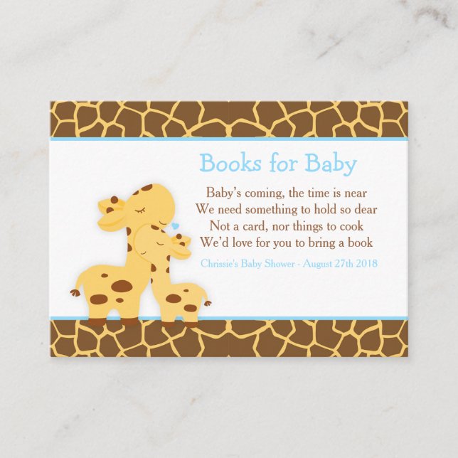 Cute Boy Giraffe Book Request for Baby Shower Enclosure Card (Front)