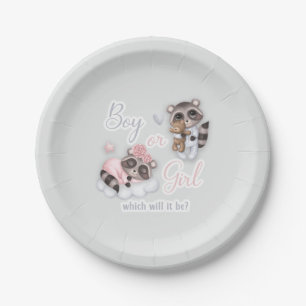 Cute Boy Girl Baby Raccoons Gender Reveal Paper Plate