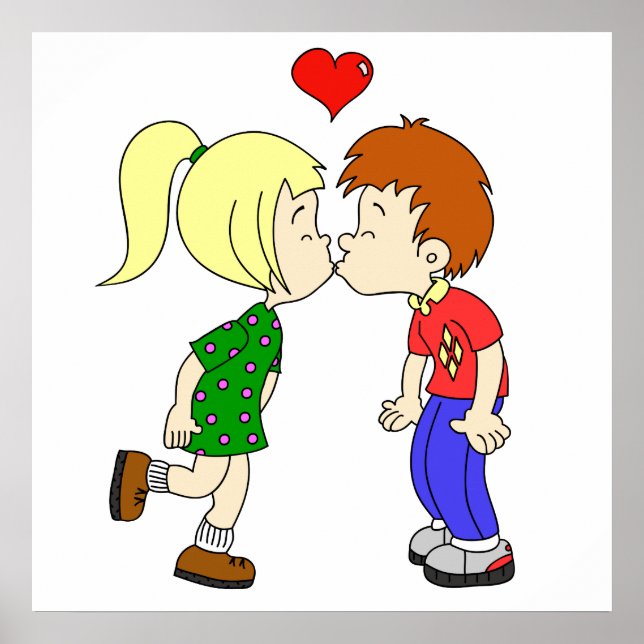 Cute boy girl kiss cartoon kids poster (Front)