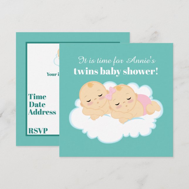 Cute boy girl twins baby shower invitation (Front/Back)