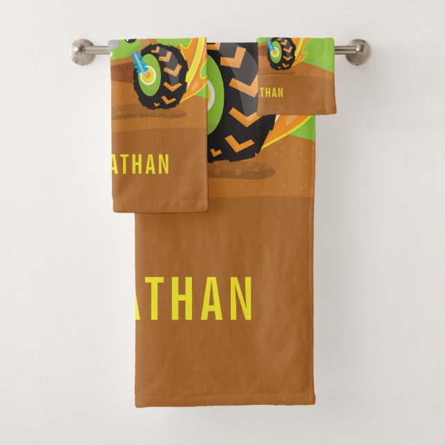 Cute Boy Green Monster Truck Personalised Bath Towel Set (Insitu)
