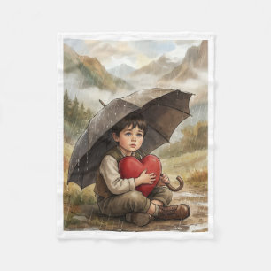 Cute Boy Holding Red Heart Umbrella Rain Fleece Bl Blanket