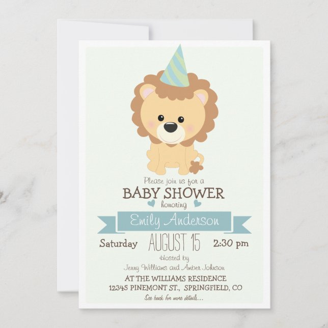 Cute Boy Lion, Jungle Zoo Animal Baby Shower Invitation (Front)