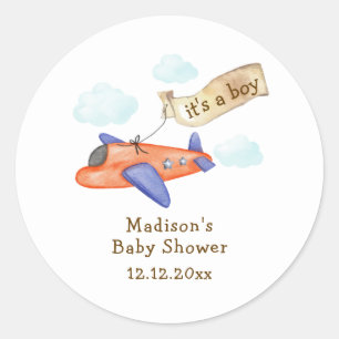 Cute Boy Minimal Aviator Airplane Baby Shower Classic Round Sticker